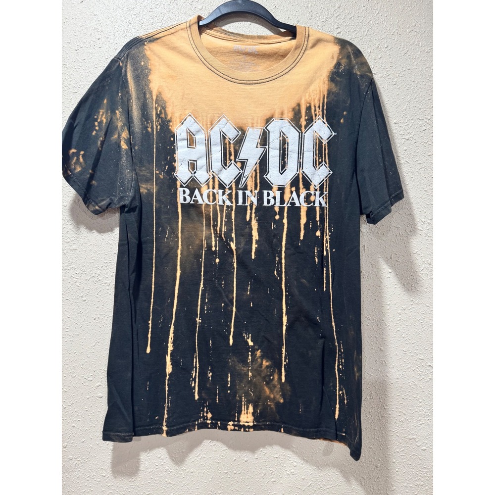 AC/DC Back in Black Bleach Drip Graphic T-Shirt Black Orange Large Band Tee